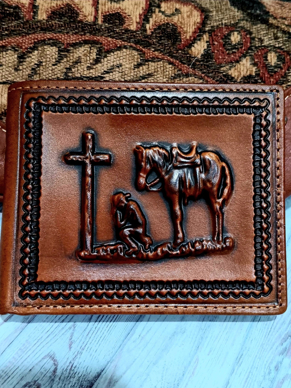 Praying Cowboy Brown Leather Bifold Wallet with Western Embossed Design